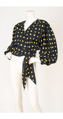 1991 S/S Yellow & Black Polka-Dot Billowing Sleeve Wrap Blouse