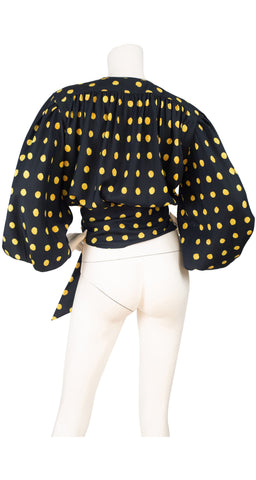 1991 S/S Yellow & Black Polka-Dot Billowing Sleeve Wrap Blouse