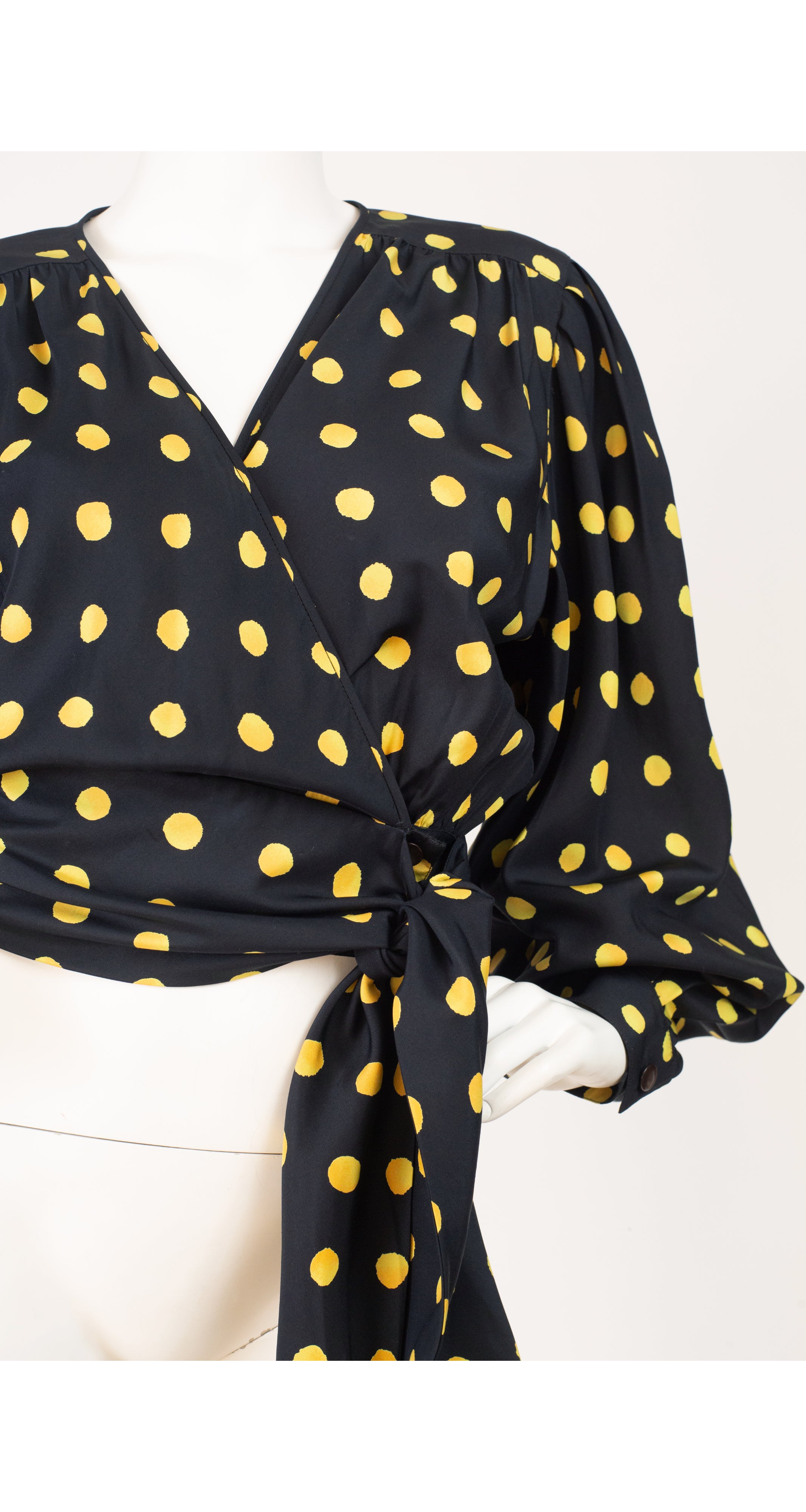 1991 S/S Yellow & Black Polka-Dot Billowing Sleeve Wrap Blouse