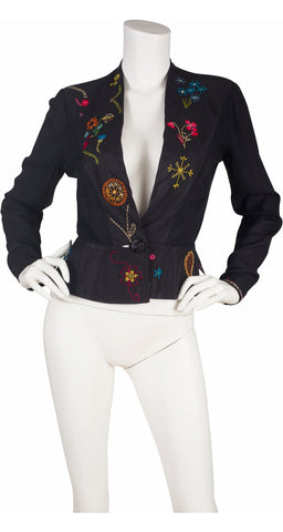 1930s Floral Hand-Embroidered Black Rayon Jacket