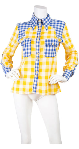 1970s Blue & Yellow Gingham Pointed Collar Blouse