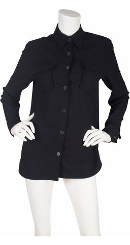 1990s Black Wool Long Sleeve Collared Shirt
