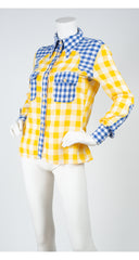 1970s Blue & Yellow Gingham Pointed Collar Blouse