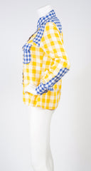 1970s Blue & Yellow Gingham Pointed Collar Blouse