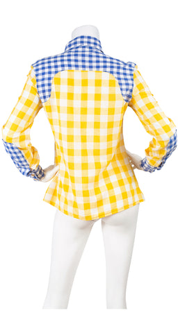 1970s Blue & Yellow Gingham Pointed Collar Blouse