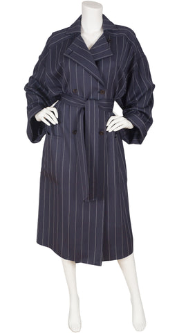 1970s Pinstripe Navy Wool Trench Coat