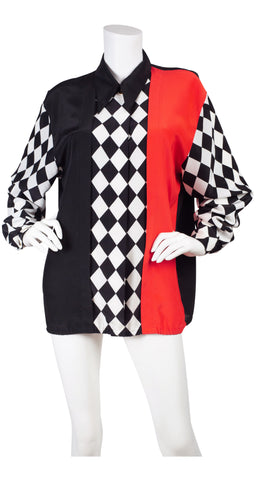 1980s Black, White, & Red Checkered Long Sleeve Blouse