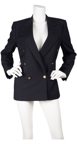 1980s Logo Button Black Wool Double-Breasted Blazer
