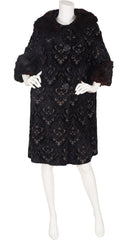 1950s Mink Fur Trim Black Tapestry Coat
