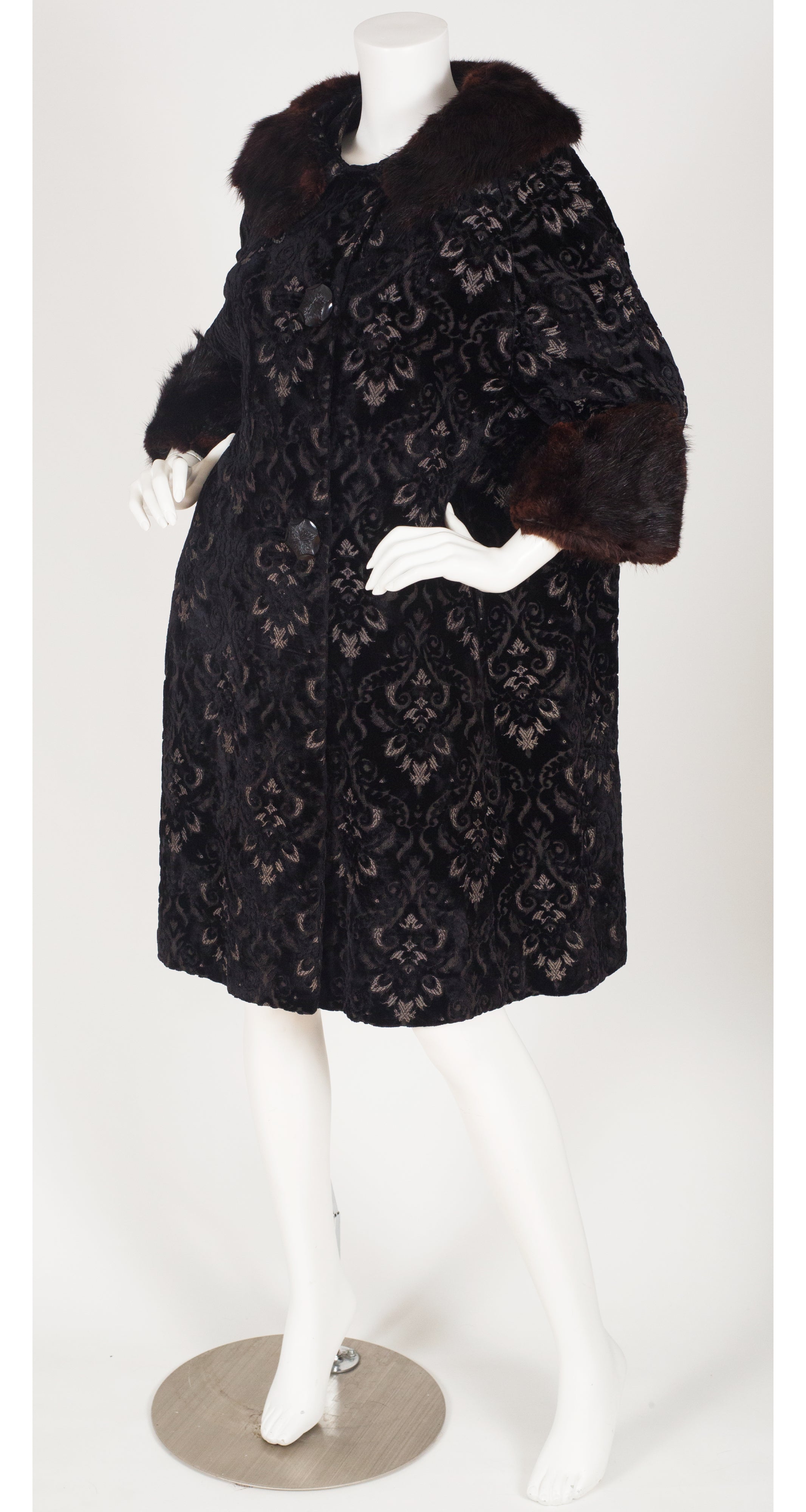 1950s Mink Fur Trim Black Tapestry Coat