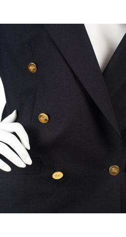 1980s Logo Button Black Wool Double-Breasted Blazer