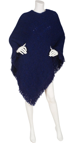 1970s Navy Blue Wool Fringe Poncho