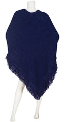 1970s Navy Blue Wool Fringe Poncho