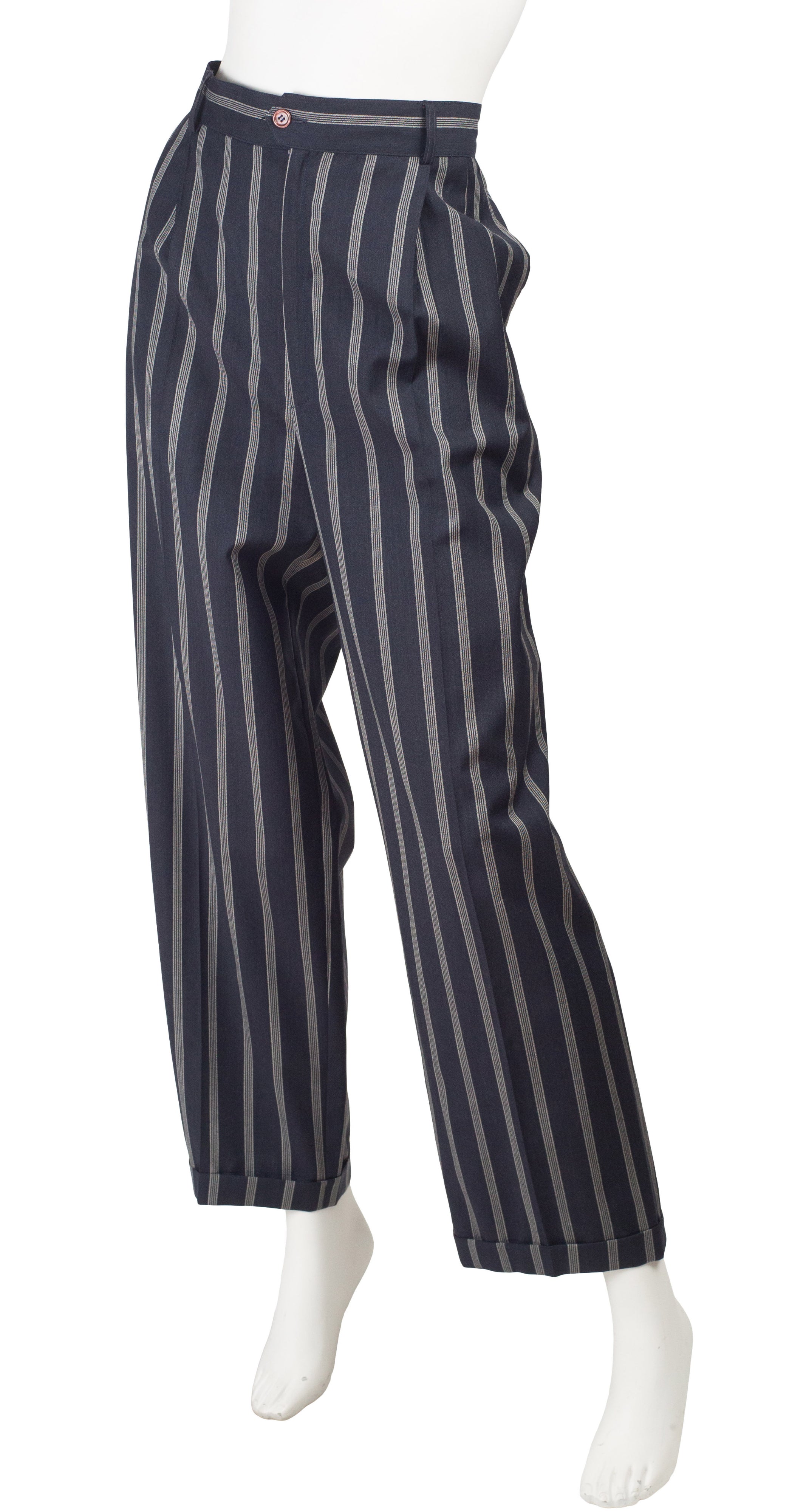 1980s Pinstripe Navy Blue Wool Pant Suit