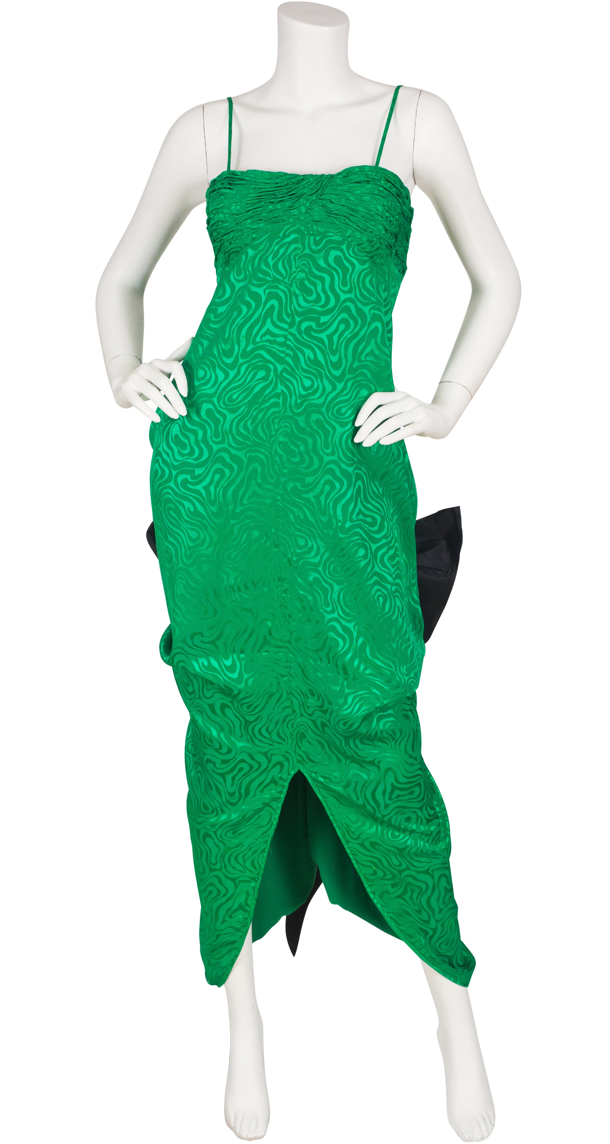 1985 S/S Dramatic Bow Green Silk Evening Dress