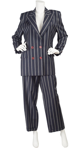 1980s Pinstripe Navy Blue Wool Pant Suit