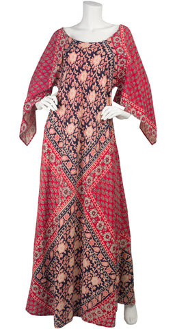 1970s Indian Cotton Block Print Angel Sleeve Caftan