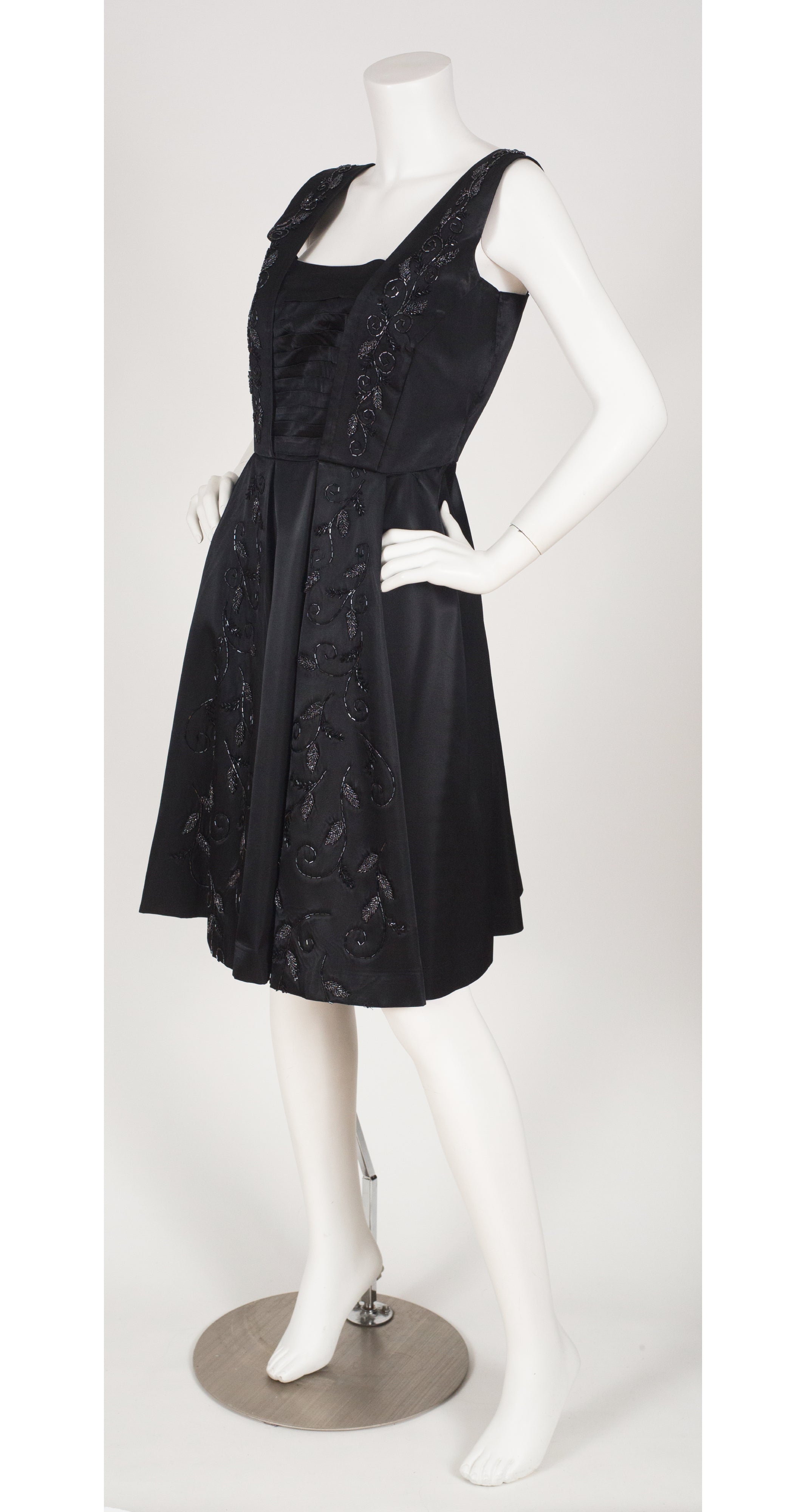 1960s Beaded Black Satin Cocktail Dress