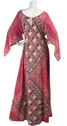 1970s Indian Cotton Block Print Angel Sleeve Caftan
