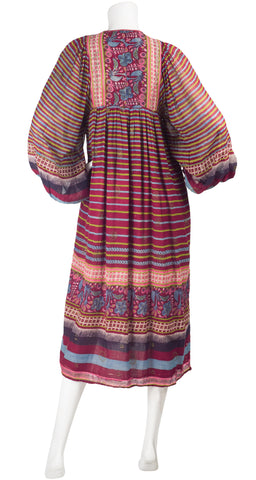 1970s Indian Cotton Striped Balloon Sleeve Dress