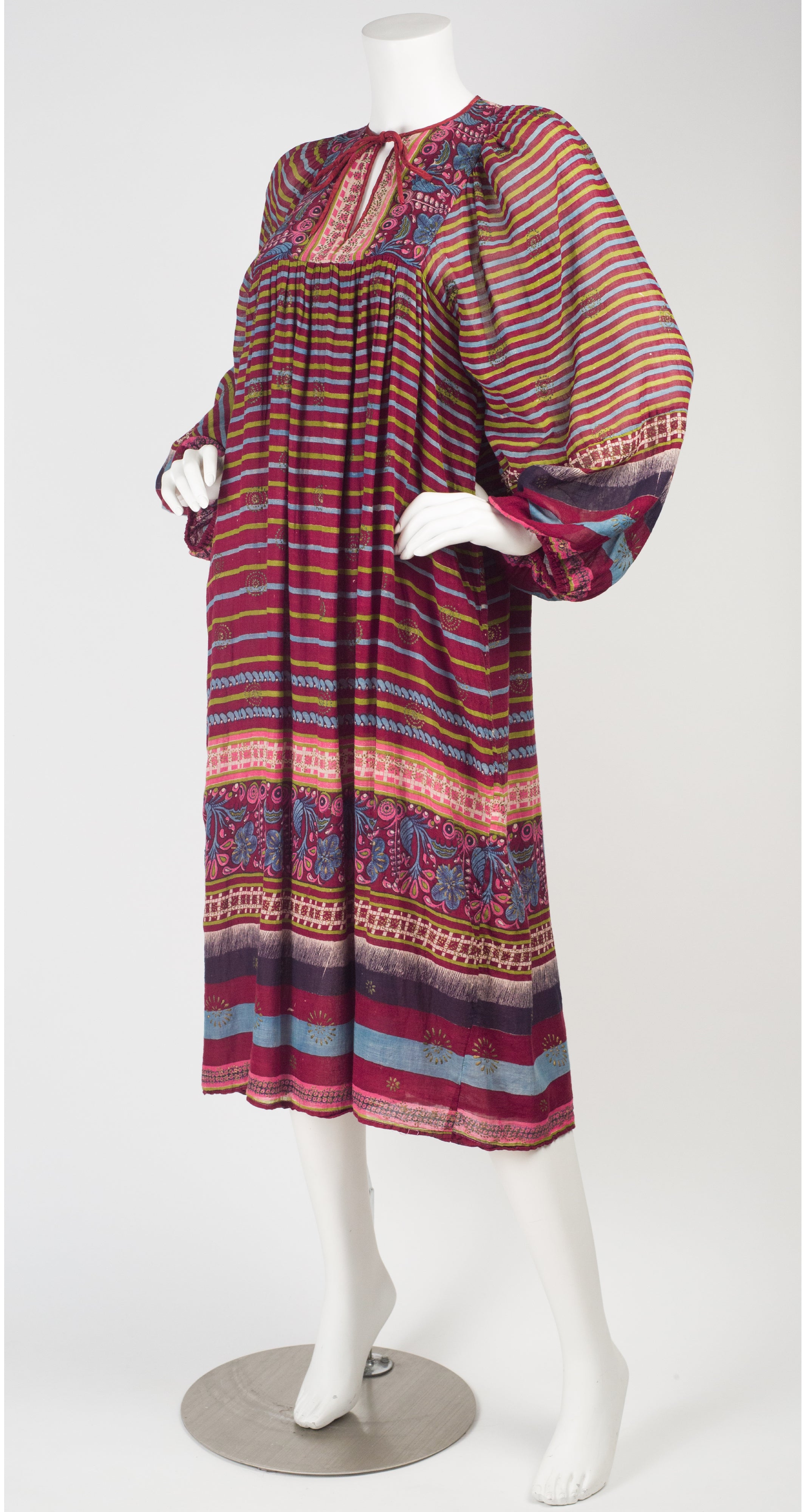 1970s Indian Cotton Striped Balloon Sleeve Dress