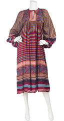 1970s Indian Cotton Striped Balloon Sleeve Dress