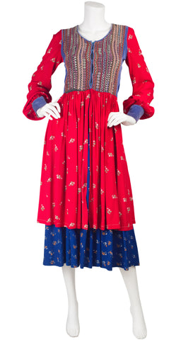 1970s Kuchi-Style Embroidered Floral Cotton & Velvet Dress