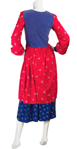 1970s Kuchi-Style Embroidered Floral Cotton & Velvet Dress