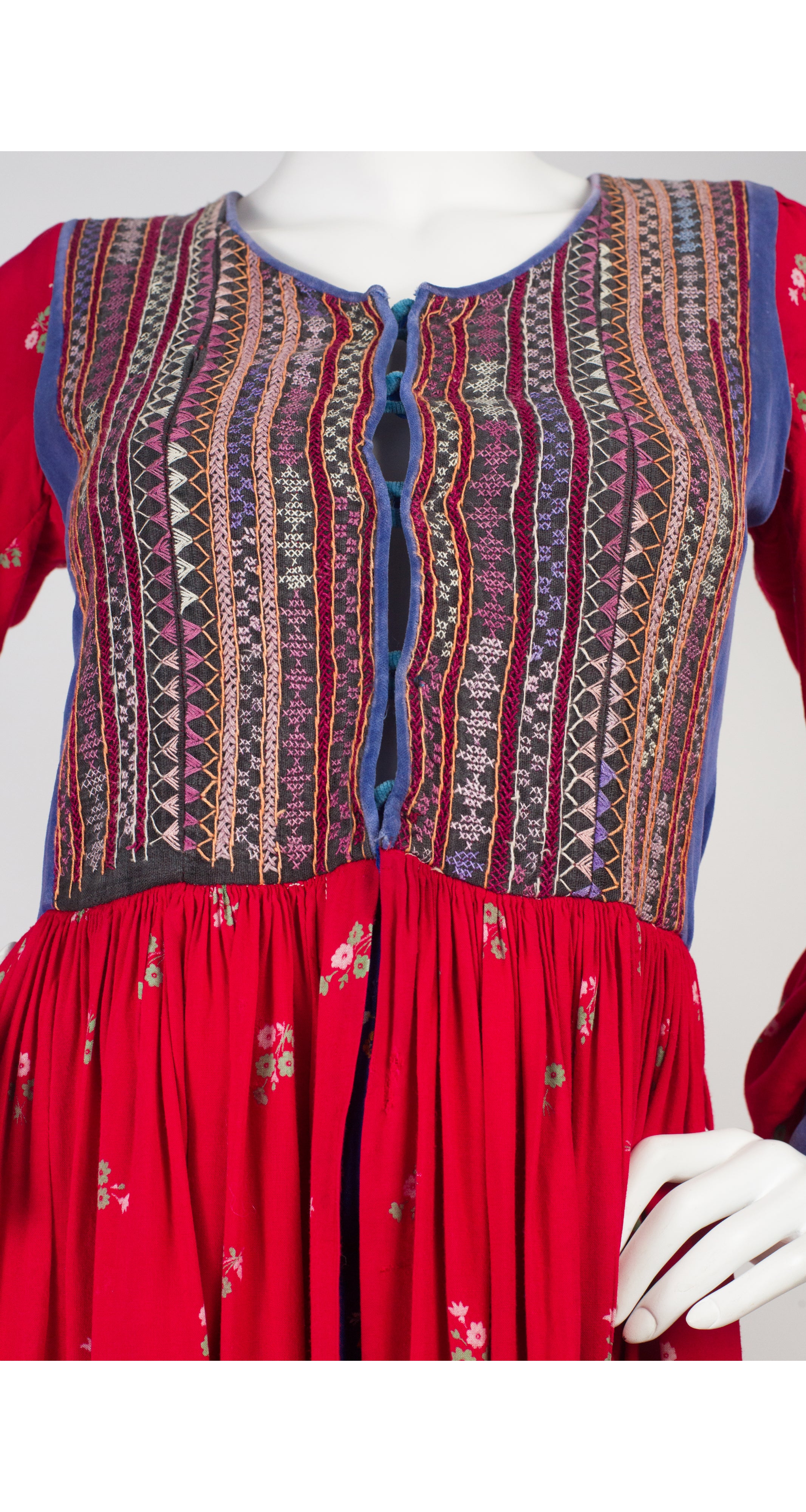 1970s Kuchi-Style Embroidered Floral Cotton & Velvet Dress