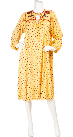 1970s Floral Print Yellow Jersey Bohemian Dress