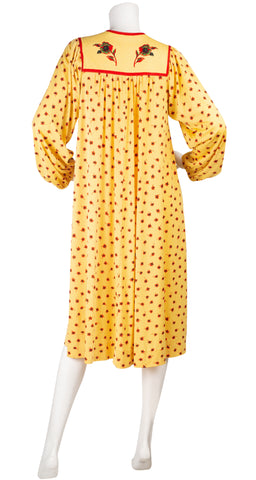 1970s Floral Print Yellow Jersey Bohemian Dress