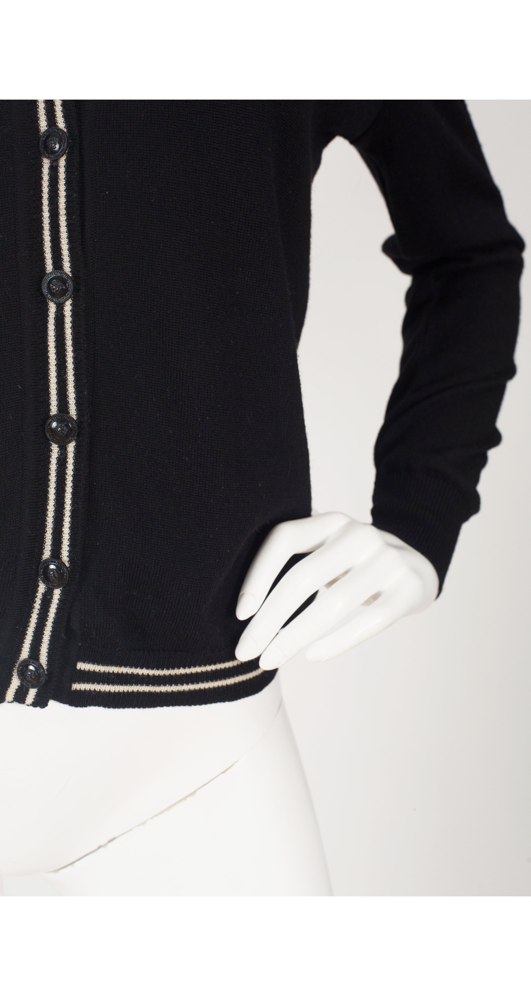 1990s Medusa Button Black & Cream Wool Cardigan
