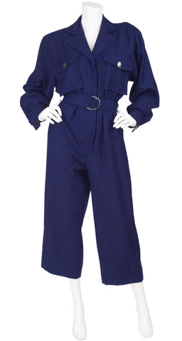 1980s Navy Blue Wool Collared Jumpsuit