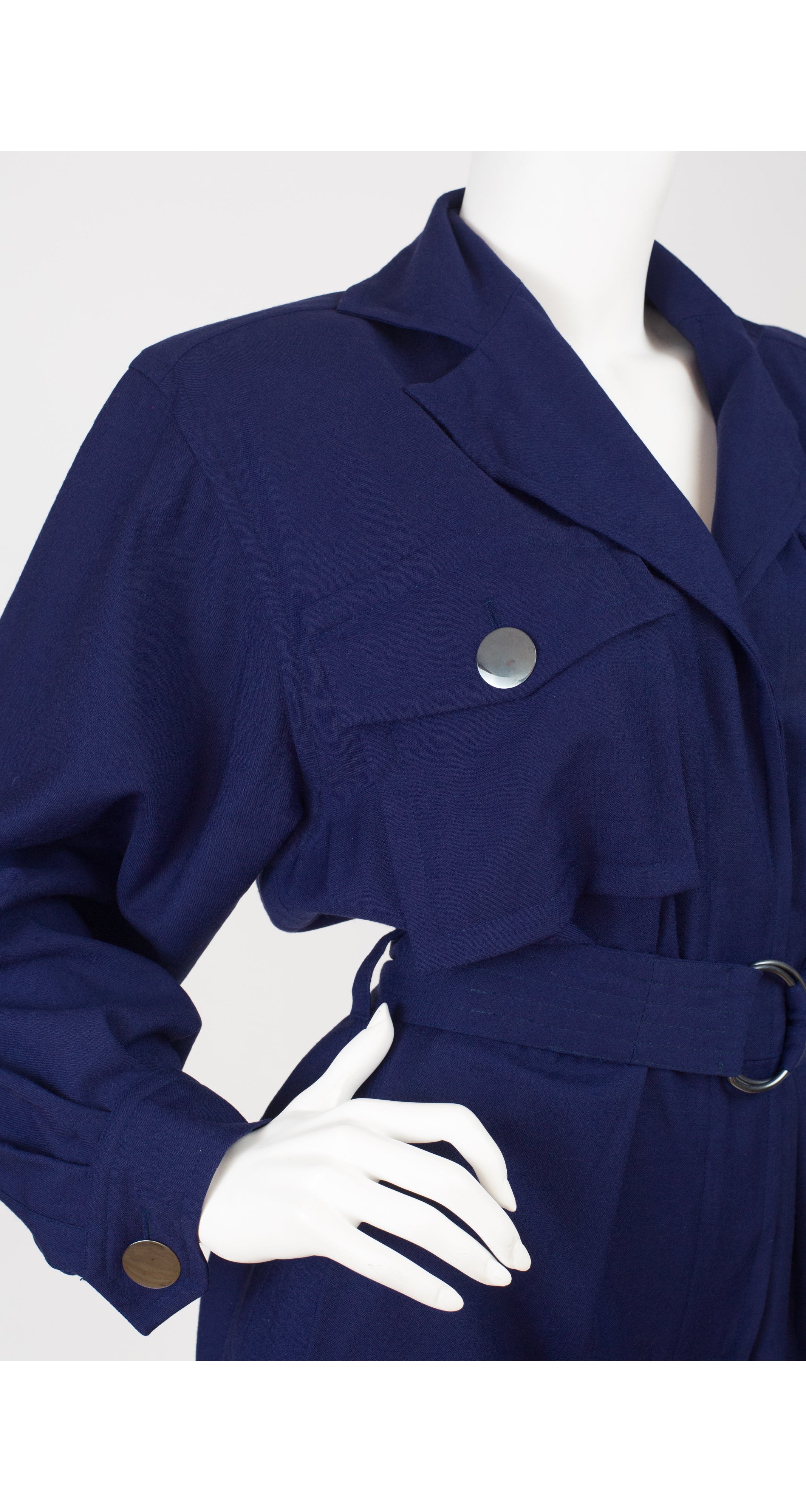 1980s Navy Blue Wool Collared Jumpsuit