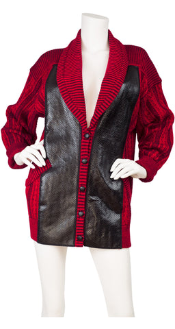 1980s Embossed Leather & Red Wool Cable Knit Cardigan