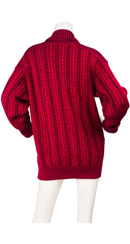 1980s Embossed Leather & Red Wool Cable Knit Cardigan