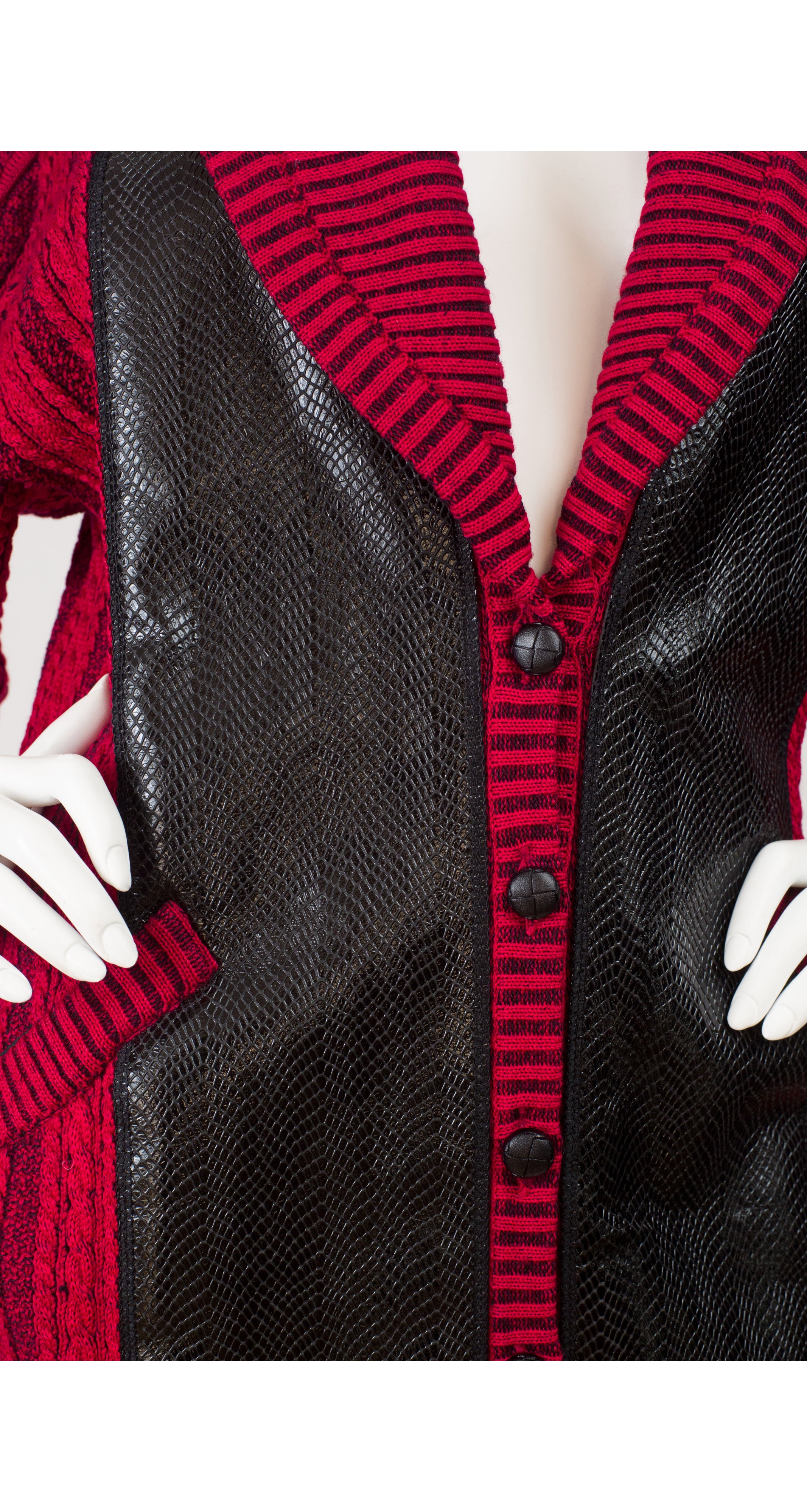 1980s Embossed Leather & Red Wool Cable Knit Cardigan