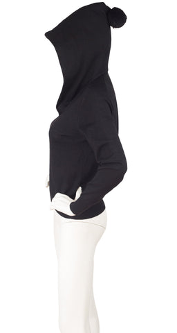 1970s Black Wool Knit Hooded Pom-Pom Sweater