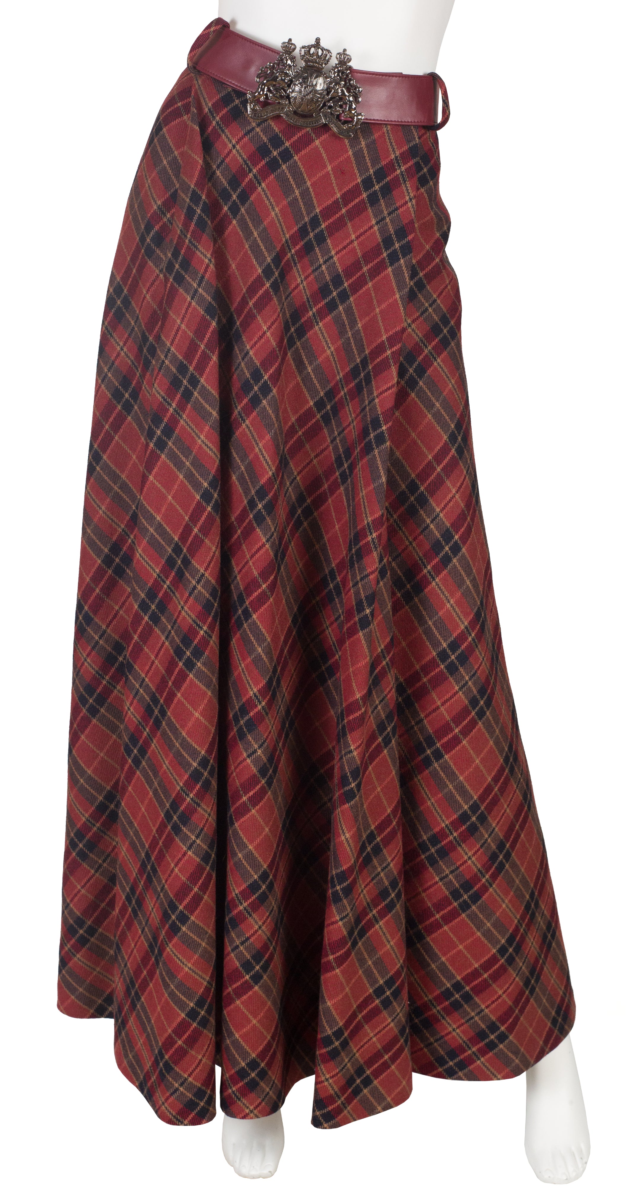 1970s Burgundy Plaid Wool Belted Maxi Skirt