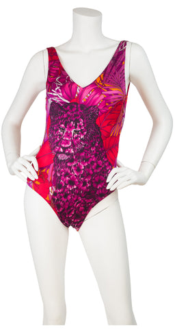1980s Floral Cheetah One Piece Swimsuit