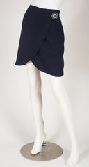 1990s Oversized Button Navy Wool Crepe Mini Skirt