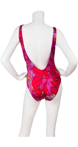 1980s Floral Cheetah One Piece Swimsuit