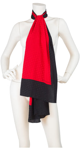 1980s 70" Red & Black Polka-Dot Jacquard Silk Scarf