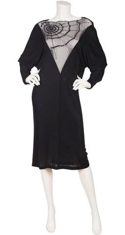 1980s French Sequin Spider Web Black Jersey Dress