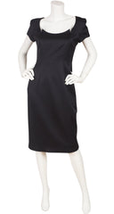 1990s Black Wool Pointed Neckline Dress