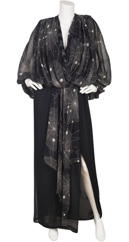 1980s Spider Web Black Chiffon Billowing Sleeve Dress