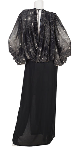 1980s Spider Web Black Chiffon Billowing Sleeve Dress