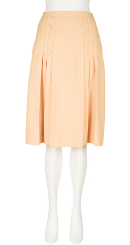 1970s Tan Wool Box Pleated Knee-Length Skirt