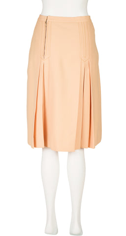 1970s Tan Wool Box Pleated Knee-Length Skirt