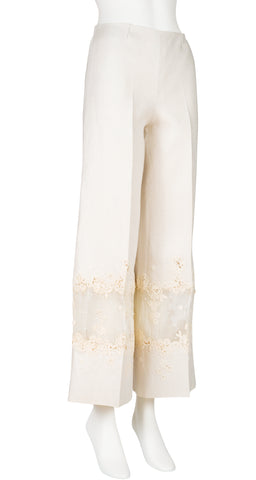 1960s Floral Appliqué Organza Inset White Wide-Leg Pant Suit